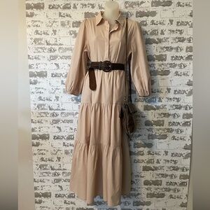 Pomander Place Neutral Tiered Midi Maxi Dress Minimalist Collared Puff sleeve S
